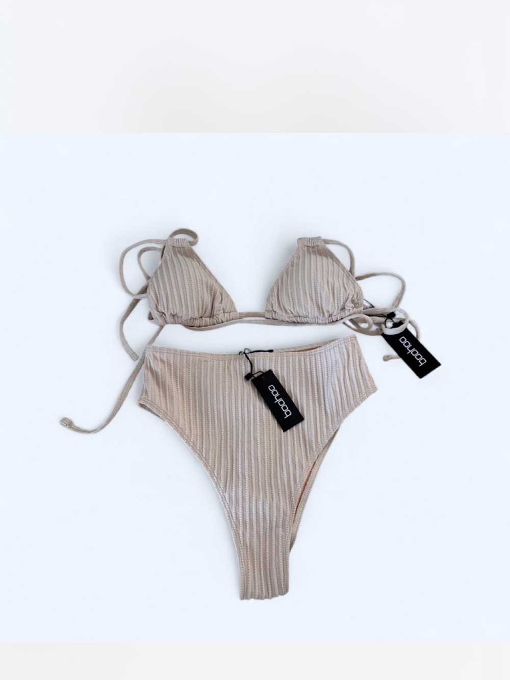 Boohoo Taupe Ribbed Tie Triangle Bikini